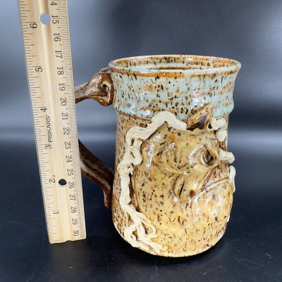 Hand Made Stoneware Pottery Coffee Mug Cup Unicorn Horse Raised Mug Brown VTG - Picture 5 of 16